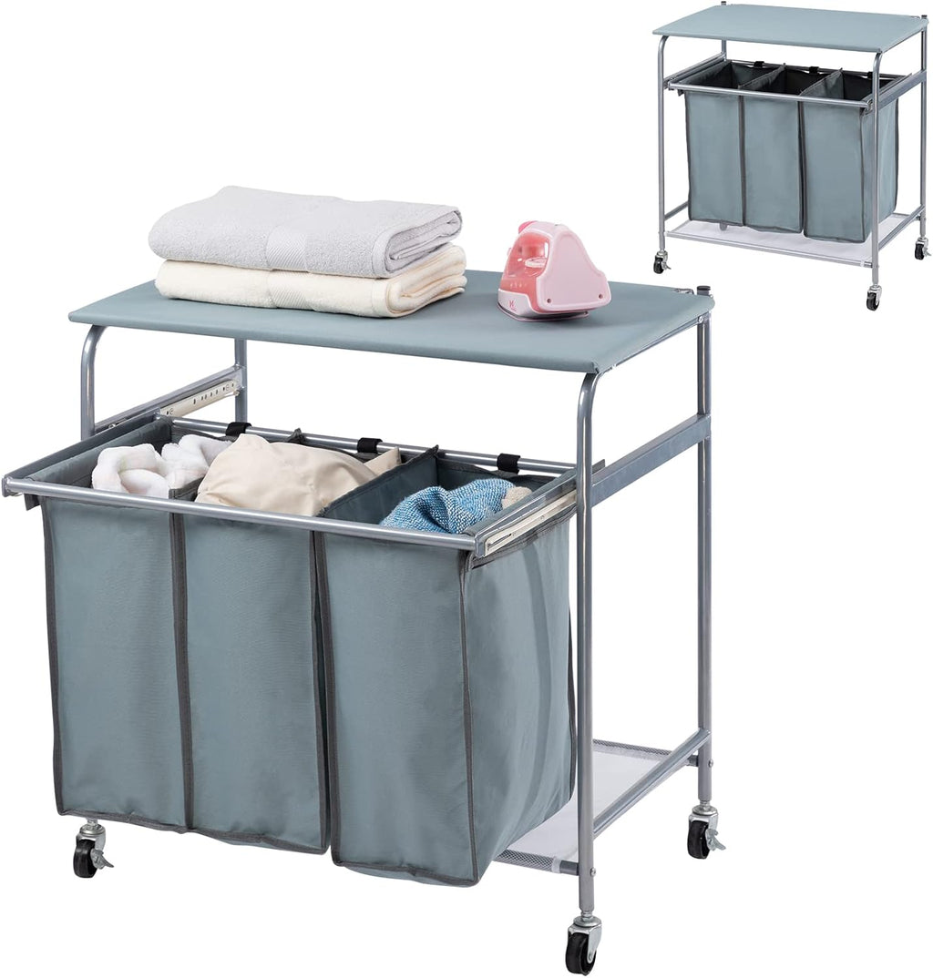 Laundry Sorter Cart with 3-Bag Ironing Board Heavy-Duty 4 Wheels Black L5622