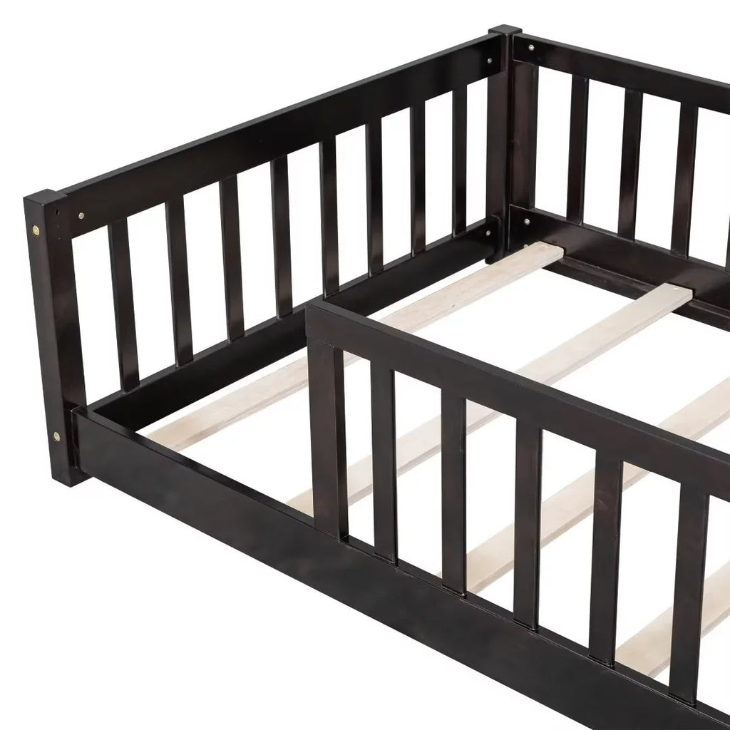 White Full Size Floor Bed with Fence Guardrails and Roof W38669