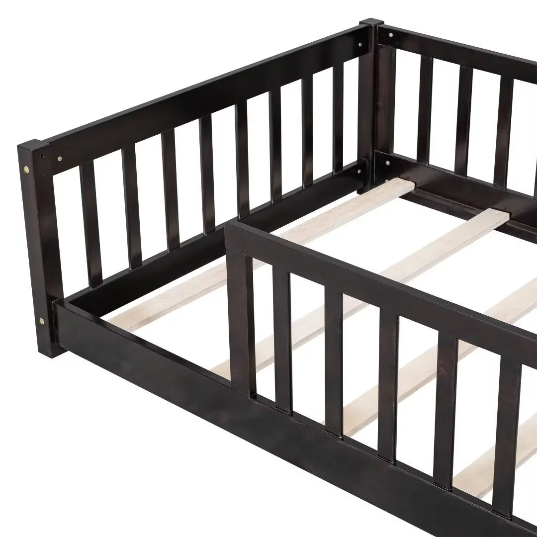 White Full Size Floor Bed with Fence Guardrails and Roof W38669