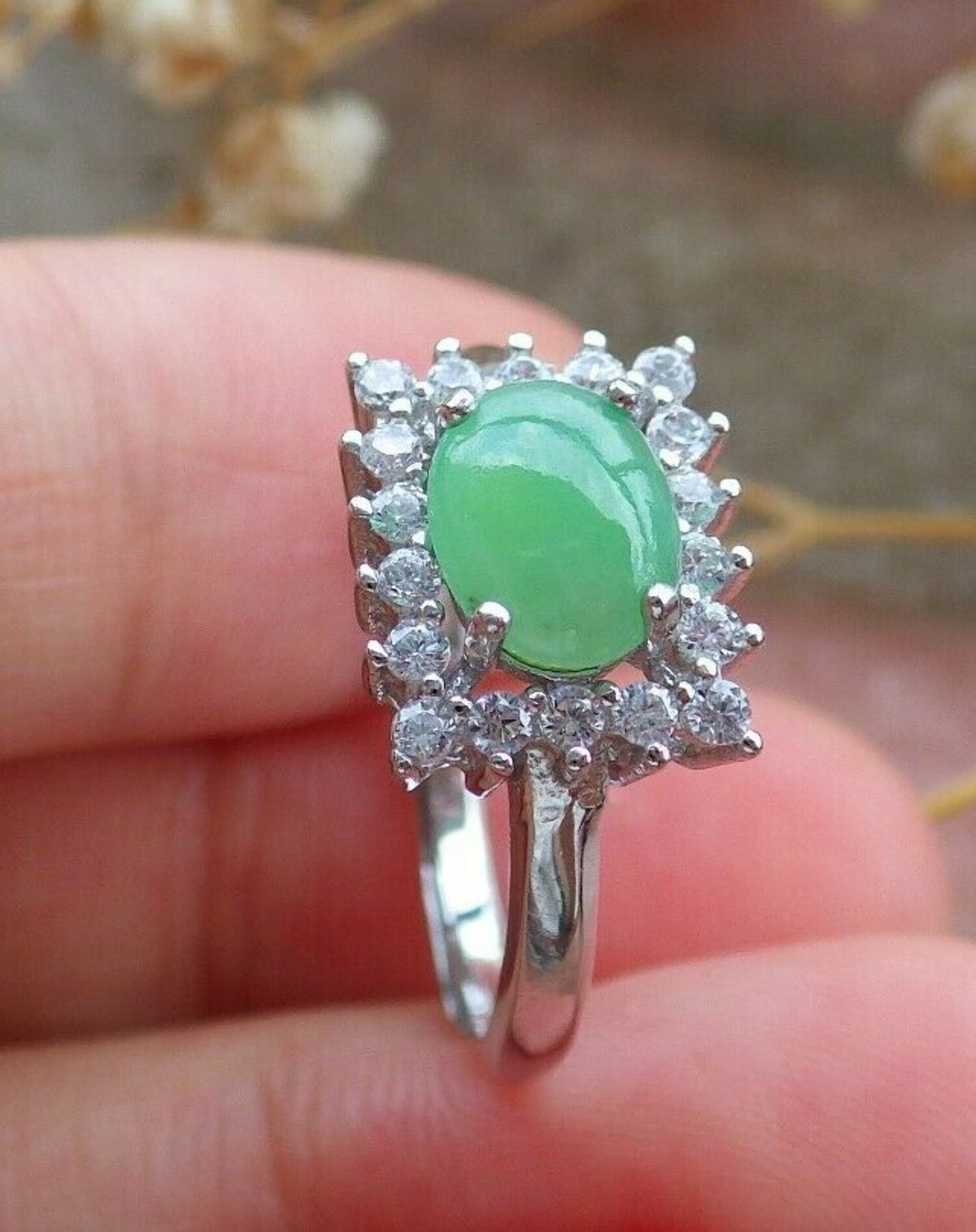 Icy Green Silver 925 Jadeite Cabochon Ring J448470