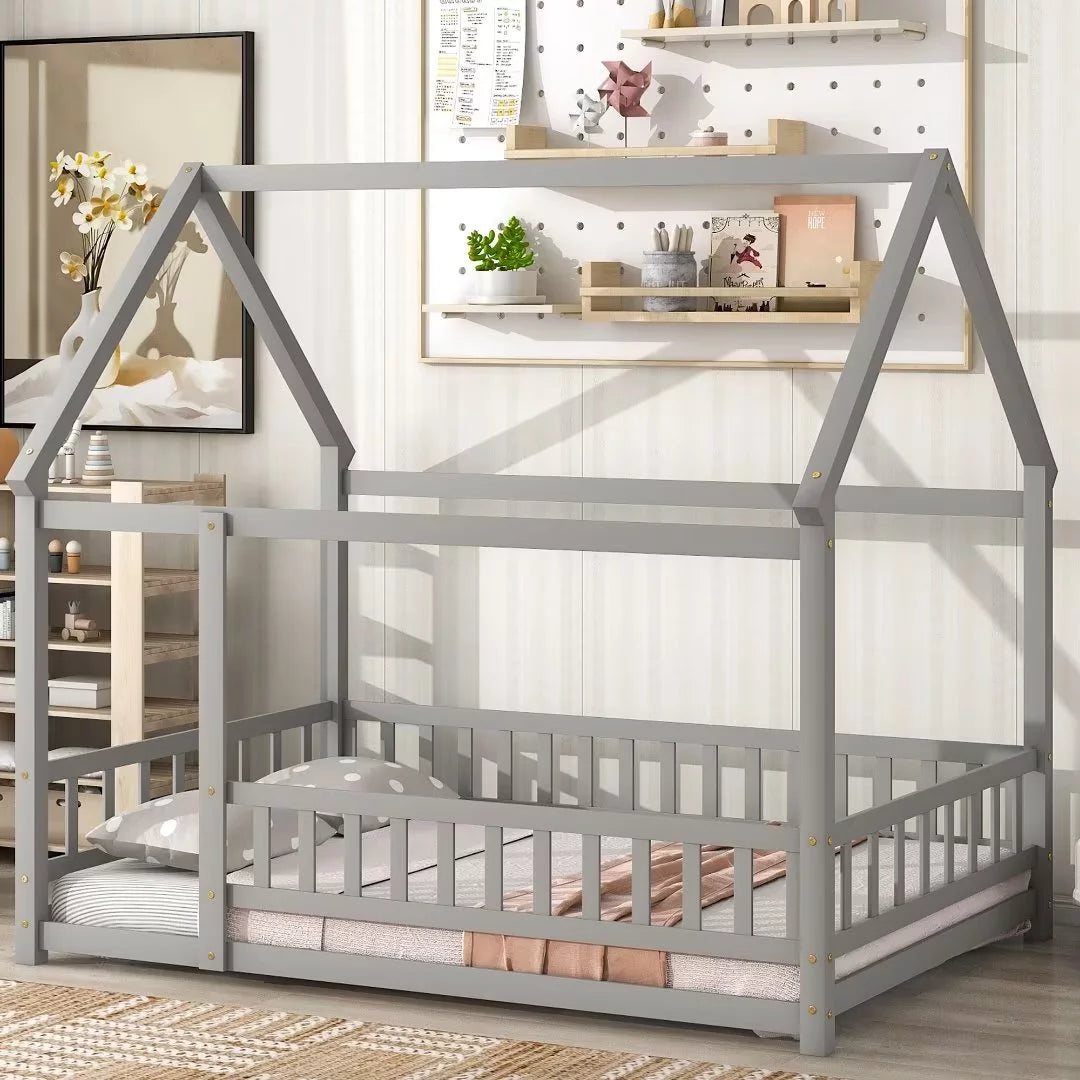 White Full Size Floor Bed with Fence Guardrails and Roof W38669