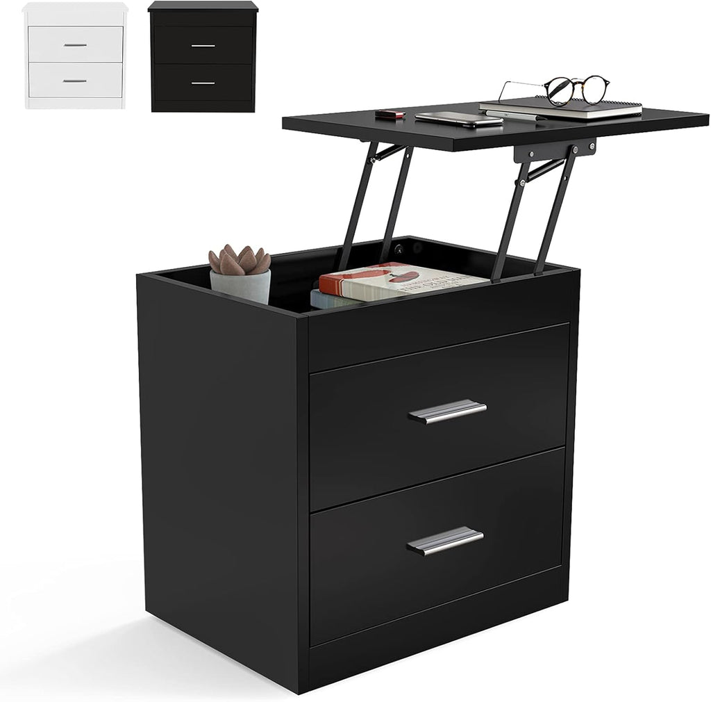 Black Lifting Top Nightstand with 2 Drawer Storage Cabinet M7181