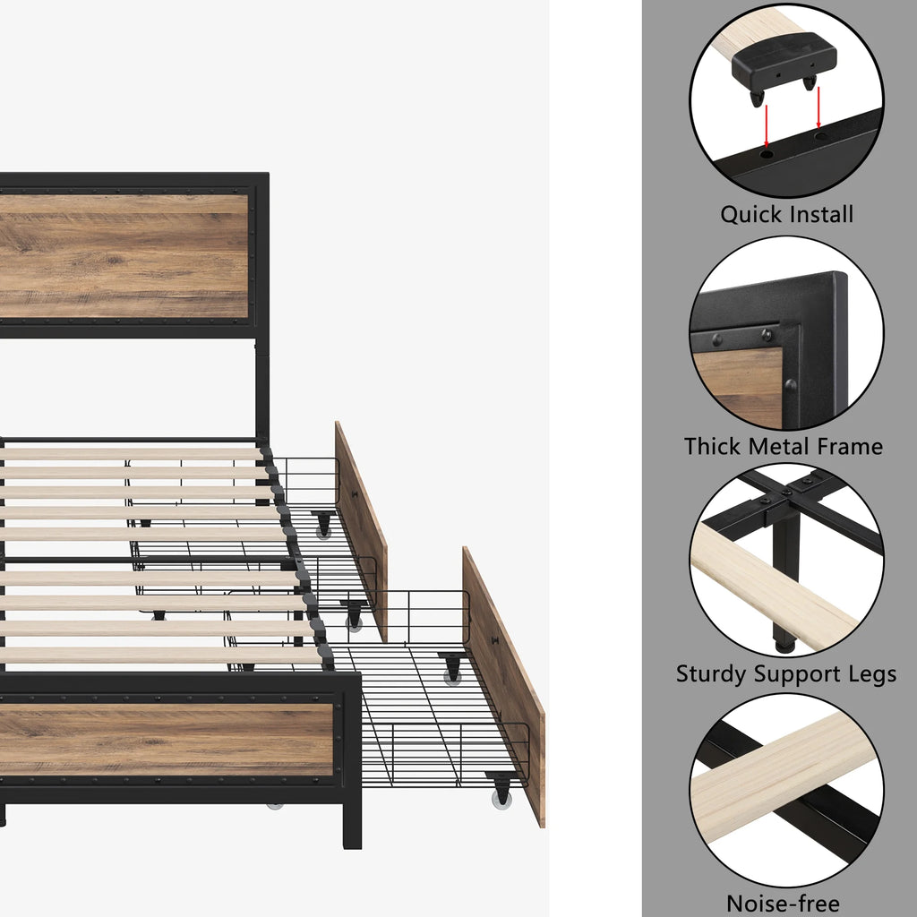 Queen Size Metal Platform Bed with 4 Storage Drawers E72701