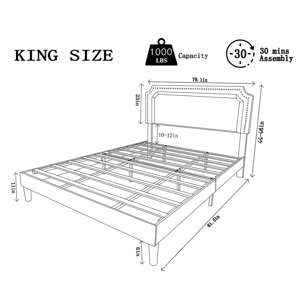 Full Size Linen Fabric Upholstered Platform Bed with Adjustable Headboard X2774
