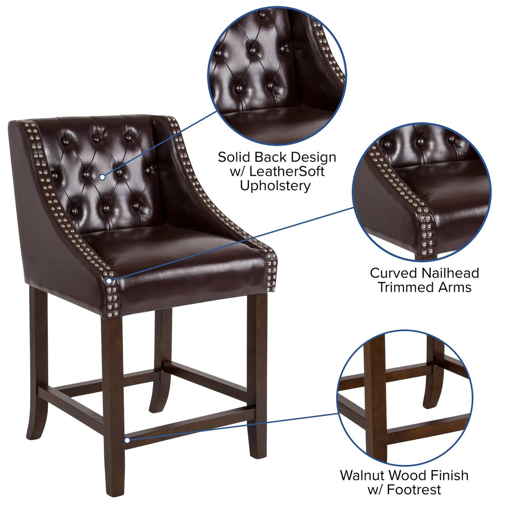 Tufted Walnut Counter Height Stool in Brown LeatherSoft D63798