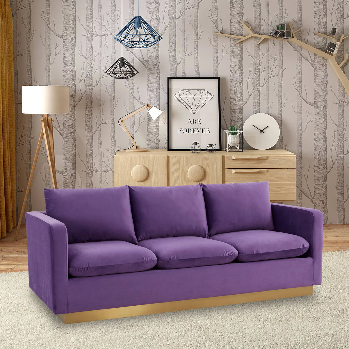 Purple Velvet Upholstered Sofa with Gold Frame U884985
