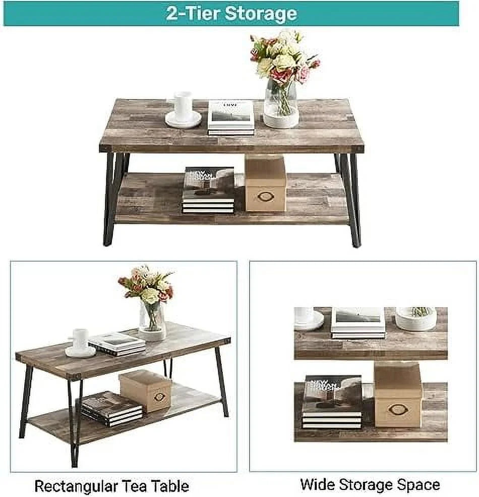 Brown Rectangular Coffee Table with Metal Frame S686
