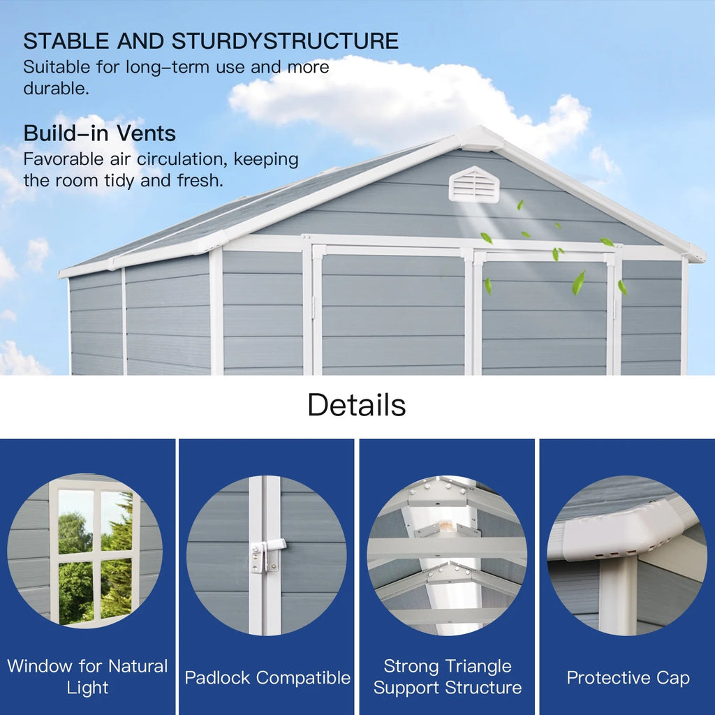 6x8 FT Plastic Resin Outdoor Storage Shed with Floor and Lockable Door V393525