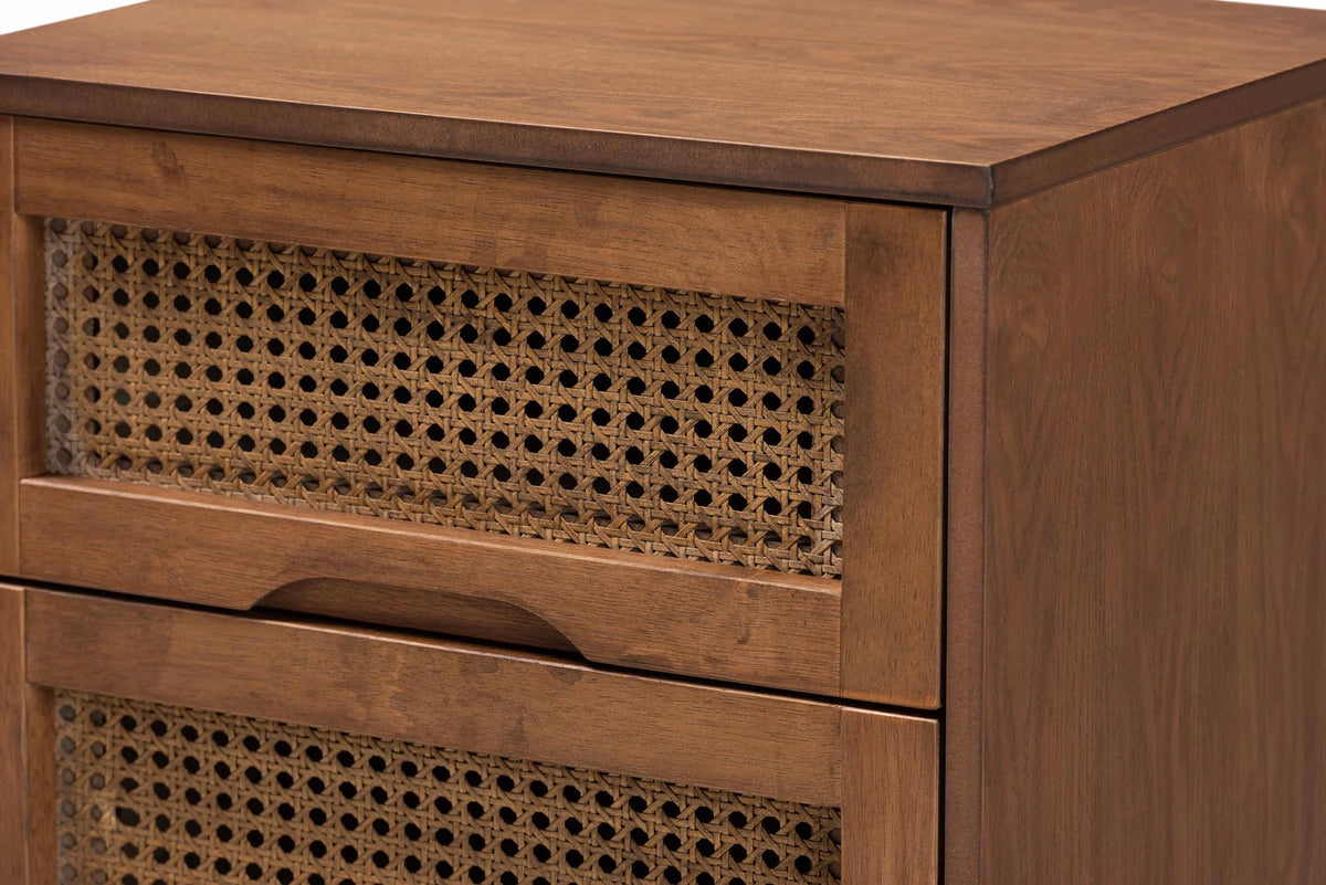 Walnut Brown Wood and Rattan Full Size 3-Piece Bedroom Set E684