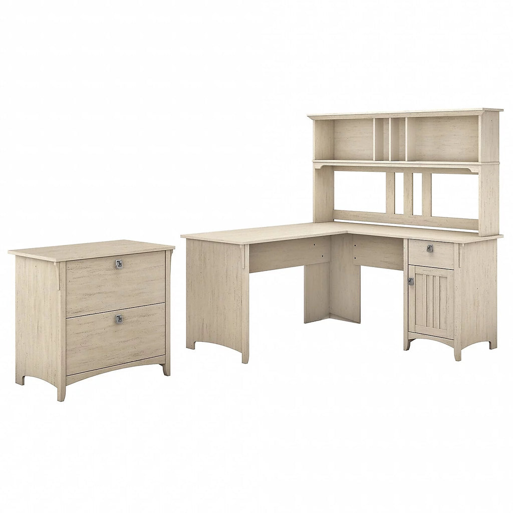 Antique White Engineered Wood L Desk with Hutch & File Cabinet W82948
