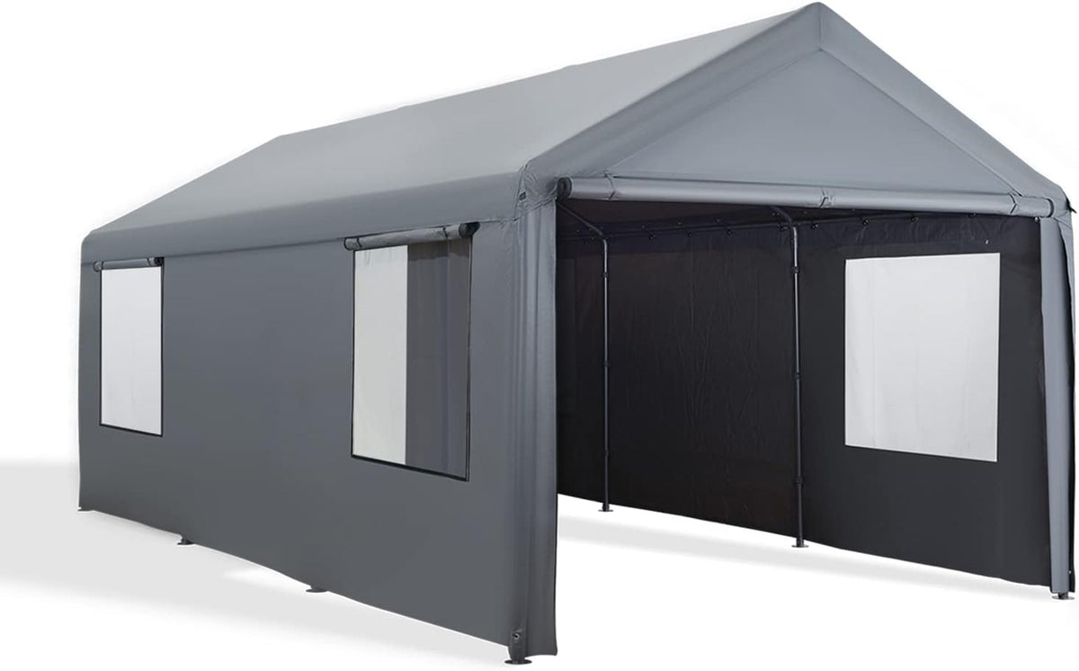 12'x20' Heavy Duty Carport with Roll-up Ventilated Windows, Removable Sidewalls & Doors, Gray W875