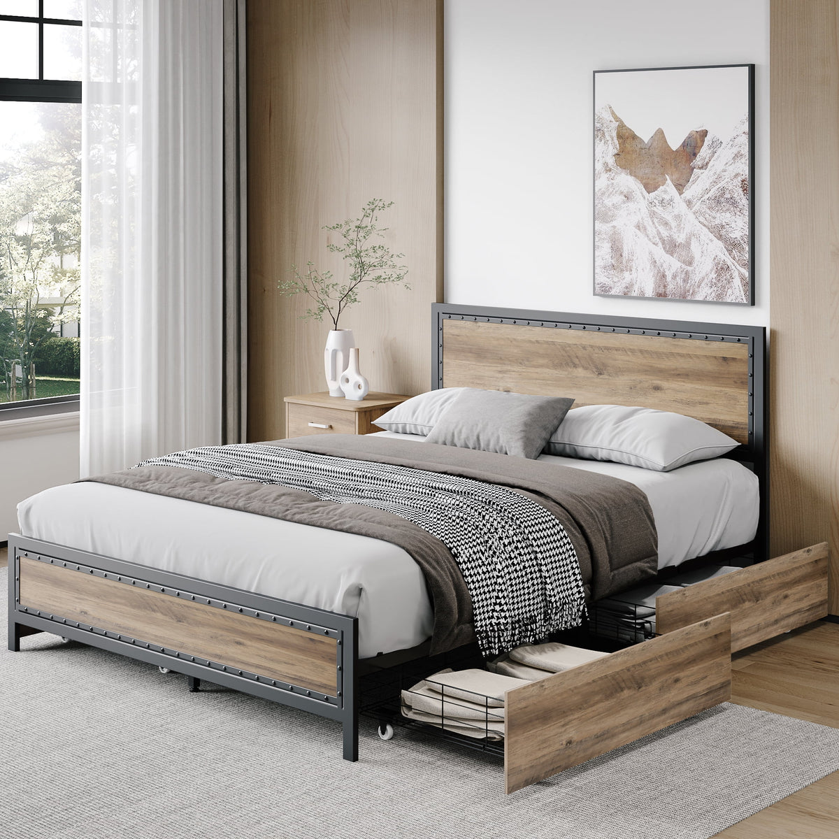 Queen Size Metal Platform Bed with 4 Storage Drawers E72701