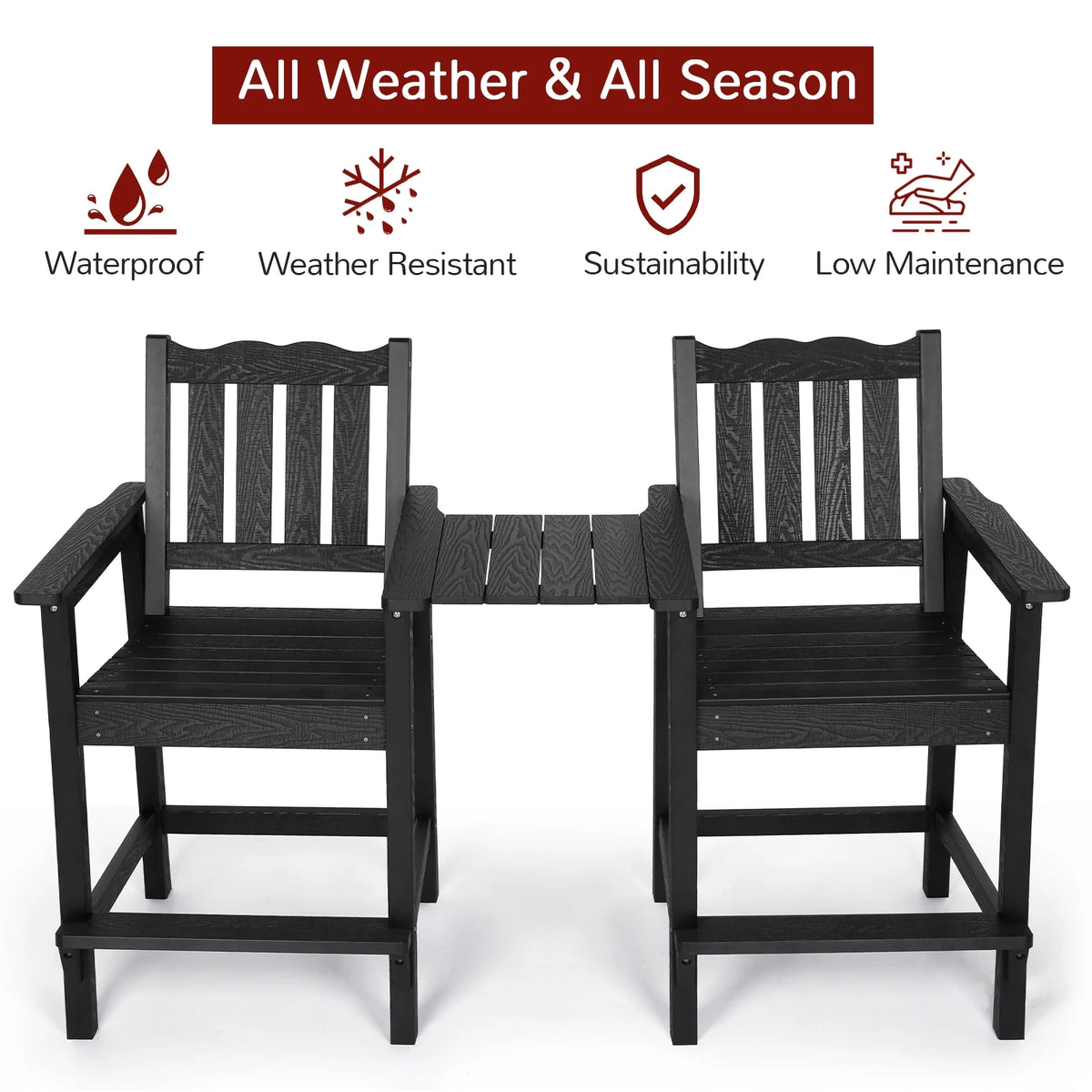 Black HIPS Adirondack Chairs Set of 2 with Connecting Tray H522
