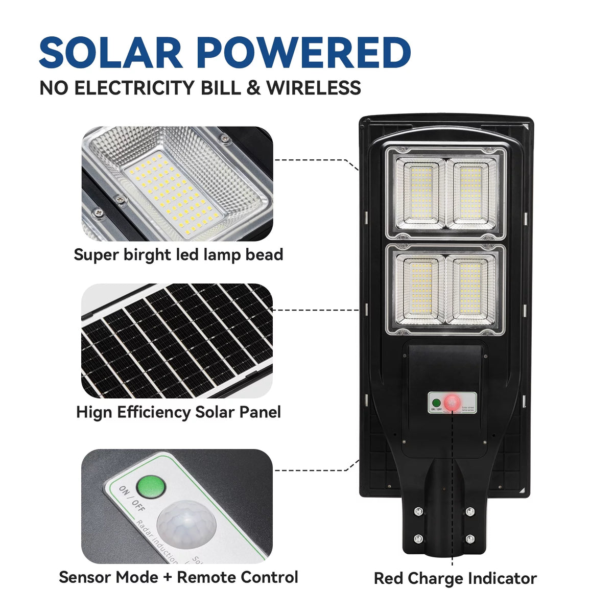 120W Solar Street Lights 12000 Lumens 18000mAH Battery 240LED Chips Waterproof K6698