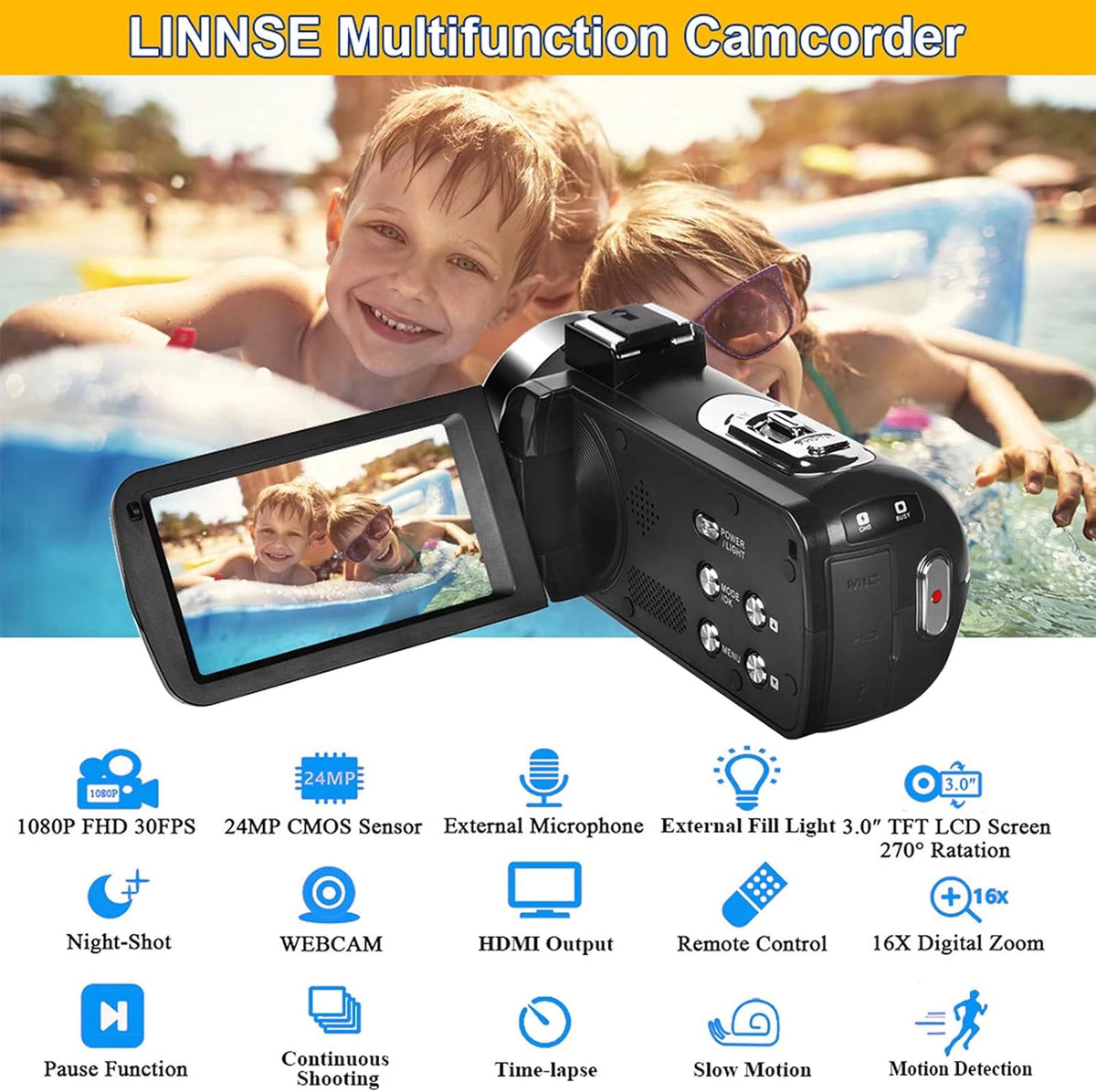Video Camera Camcorder Full HD 1080P 30FPS 24.0 MP IR Night Vision 3.0 Inch IPS Screen 16X Zoom with 2 Batteries C6948