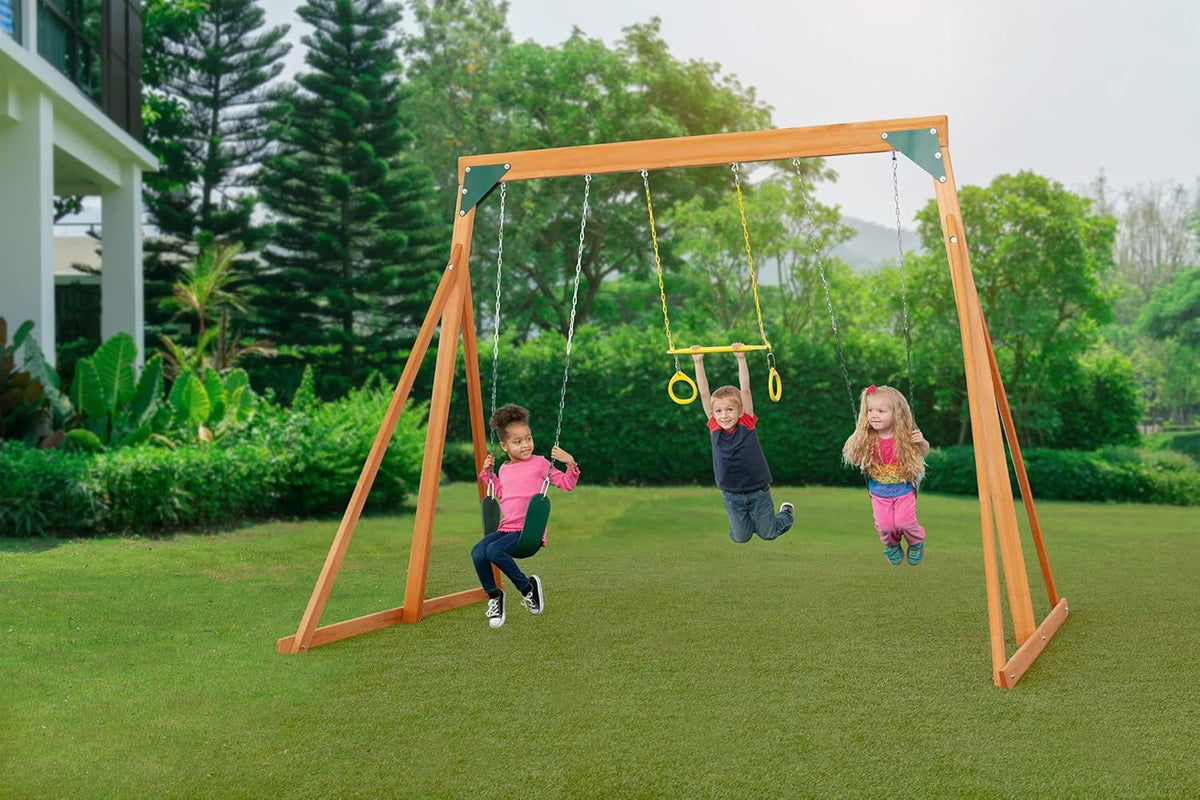 Cedar Wooden Backyard Swing Set with 2 Swings & 1 Trapeze G8625