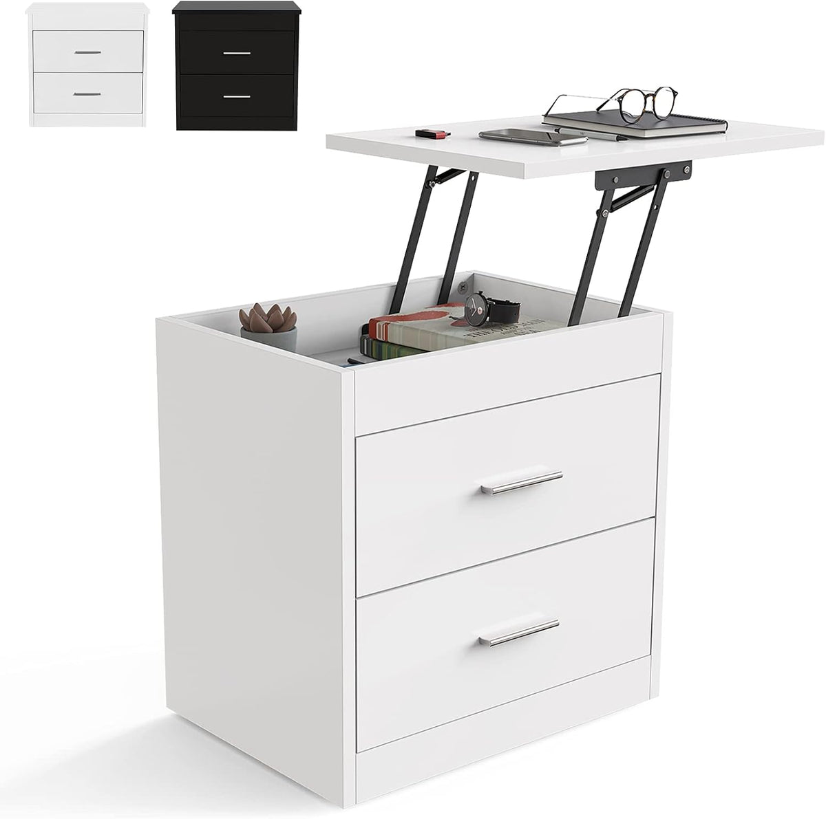 Black Lifting Top Nightstand with 2 Drawer Storage Cabinet M7181