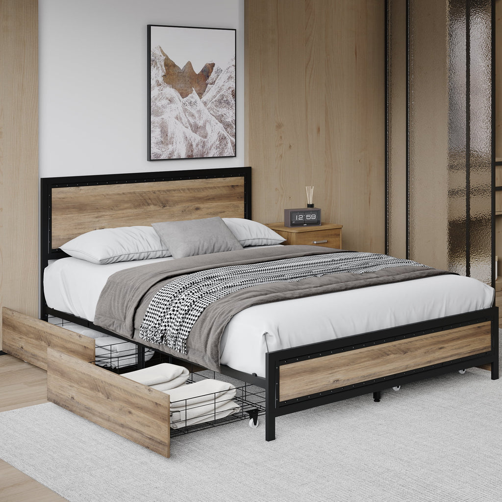 Queen Size Metal Platform Bed with 4 Storage Drawers E72701