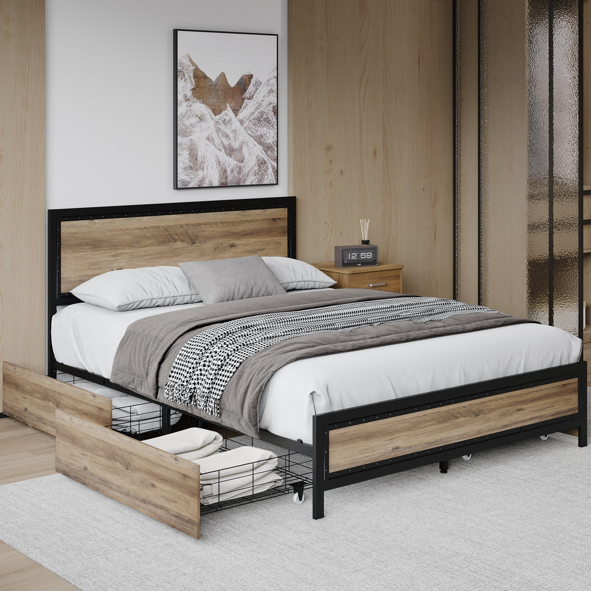 Queen Size Metal Platform Bed with 4 Storage Drawers E72701
