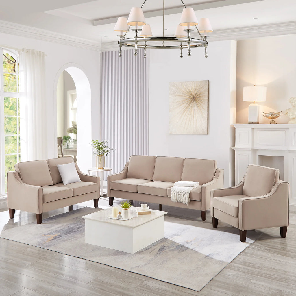 Taupe Velvet 3 Piece 3-Seat Sofa with Removable Cushions O2634