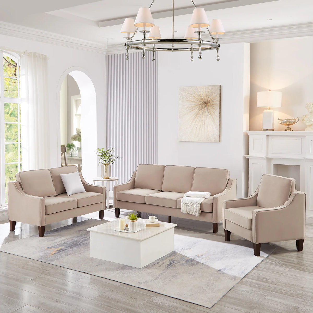 Taupe Velvet 3 Piece 3-Seat Sofa with Removable Cushions O2634