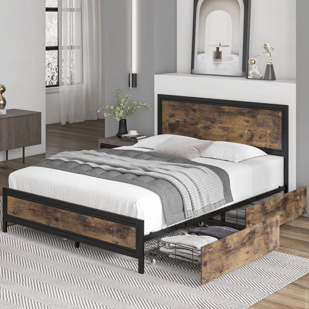 Queen Size Metal Platform Bed with 4 Storage Drawers E72701