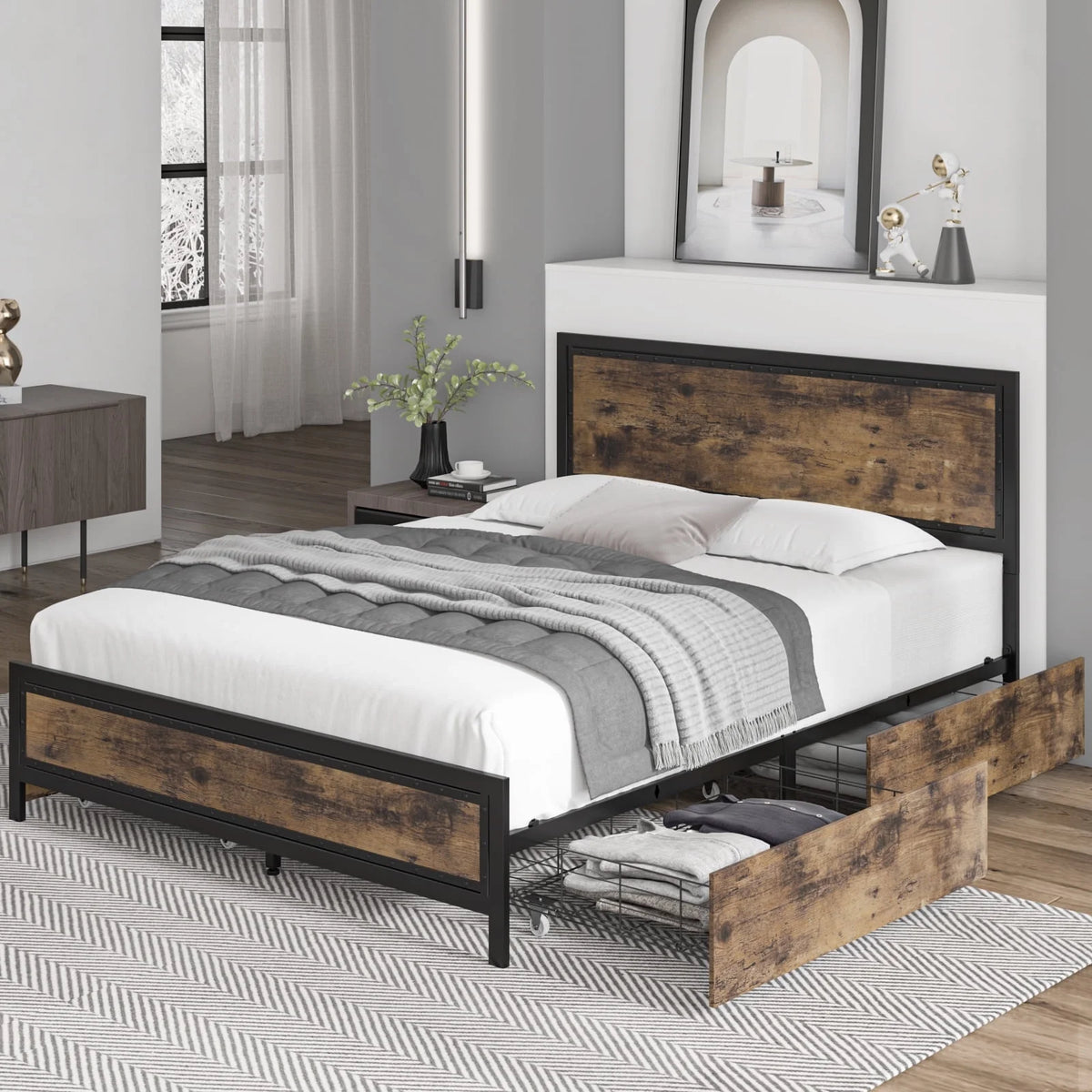 Queen Size Metal Platform Bed with 4 Storage Drawers E72701