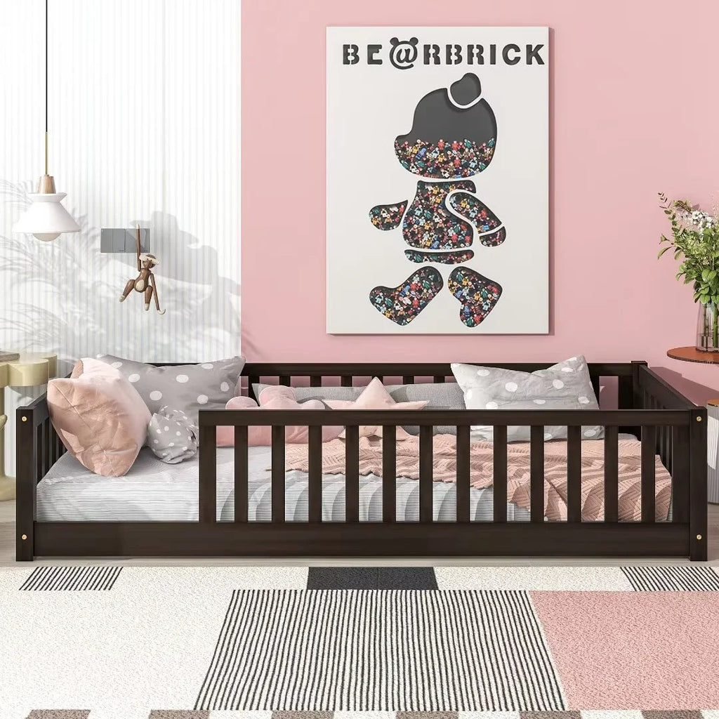 White Full Size Floor Bed with Fence Guardrails and Roof W38669