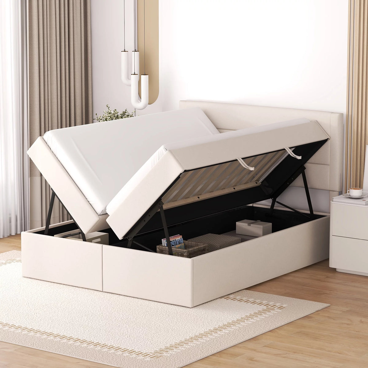 Full Size Beige Upholstery Platform Bed with Storage U94775